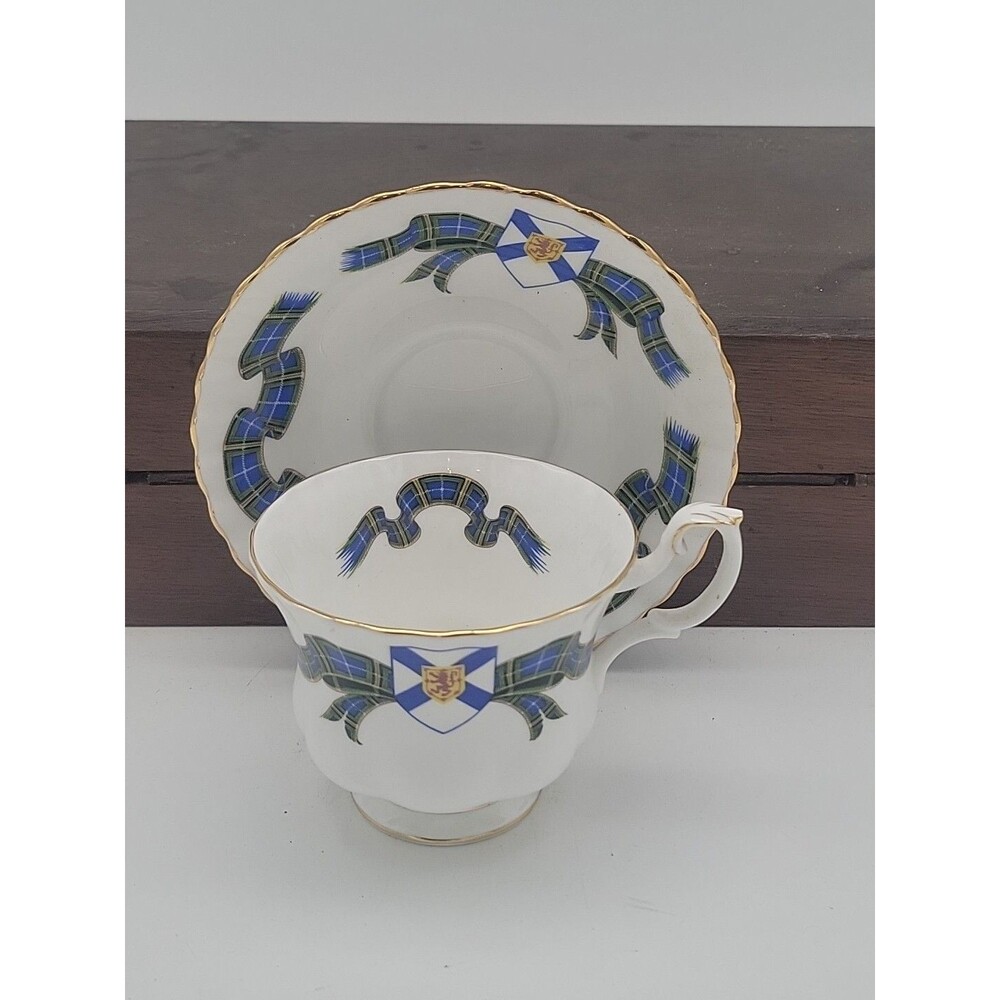Royal Albert Nova Scotia Tartan Teacup & Saucer, Gold Trim, Pedastal Blue Green